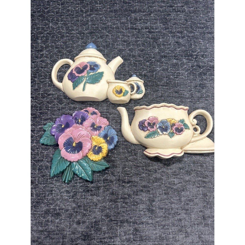 Vintage Burwood Home Interiors Pansy Teapot‎ Set Wall Decor Plaques Cottagecore